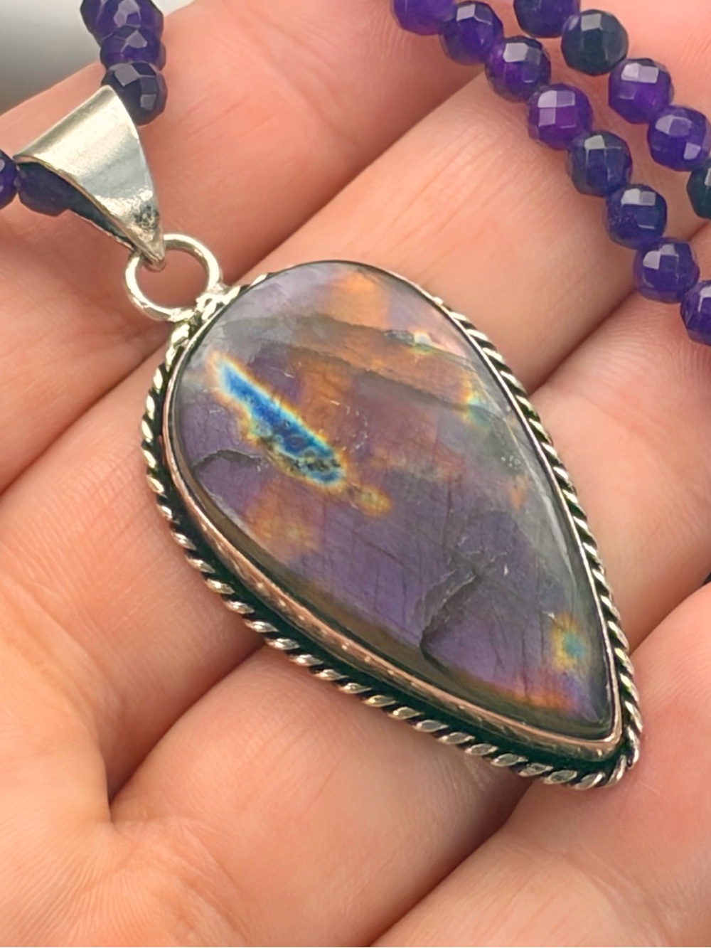 Purple Labradorite Amethyst Pendant Necklace Boho Southwest 925 Sterling Overlay